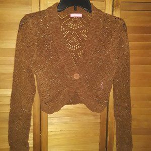 JJ Forever SZ S Rust Brown Sparkle Cropped Open Knit LongSleeve Cardigan Sweater